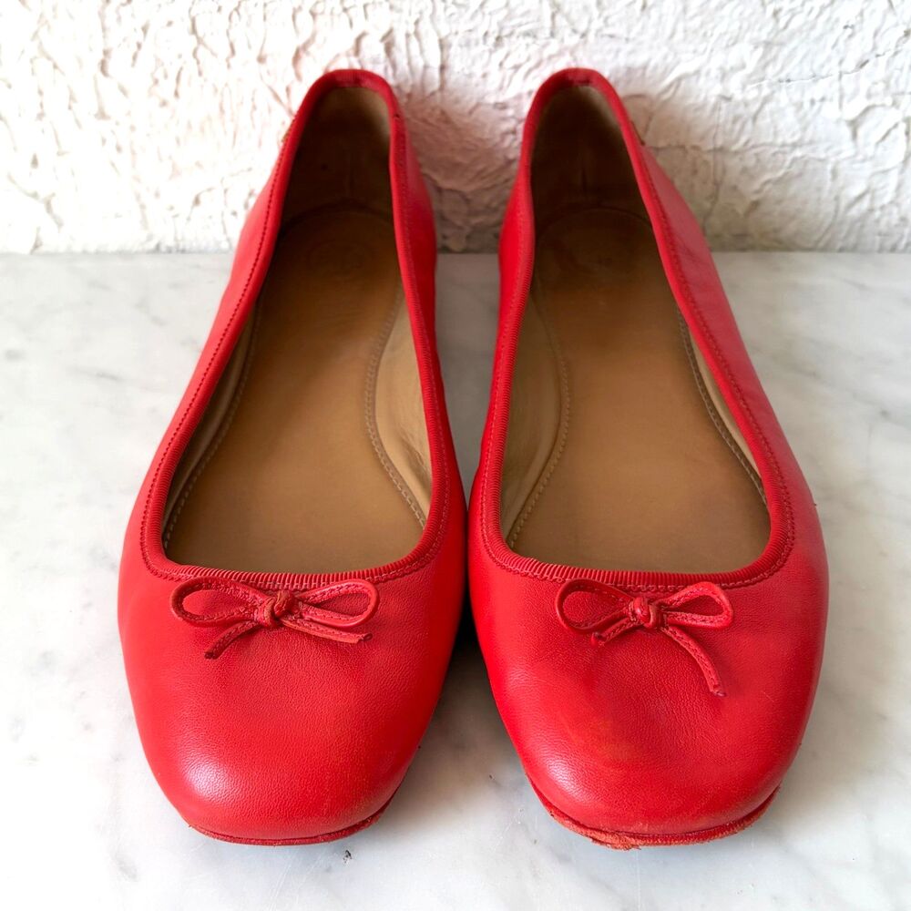 Tory Burch Laila 2 Driver Ballet Flats Size 10 Orange Leather Square Toe Bow